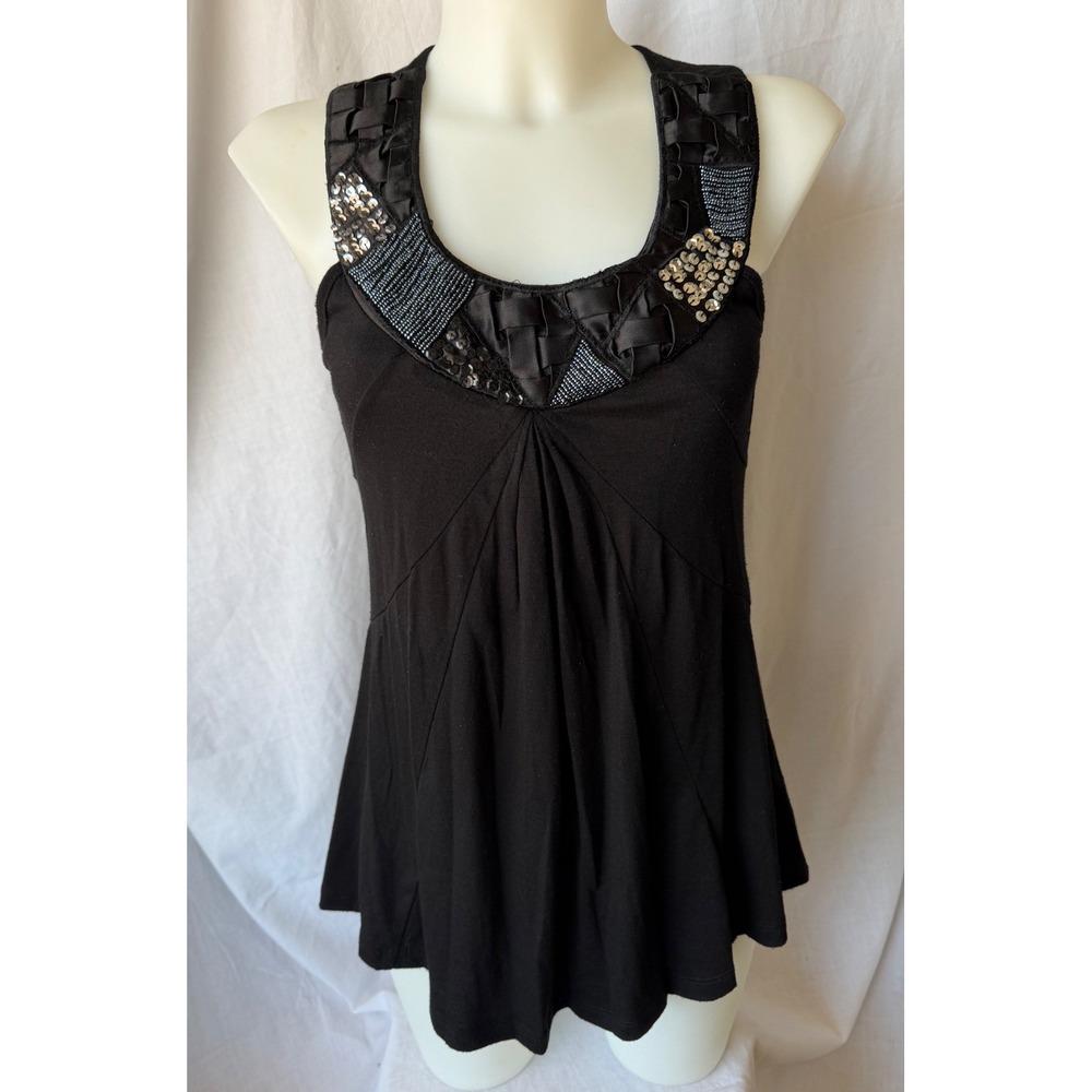 Vanity Y2K Whimsigoth Retro Tank Top Black Beaded Sequin Embellished Medium